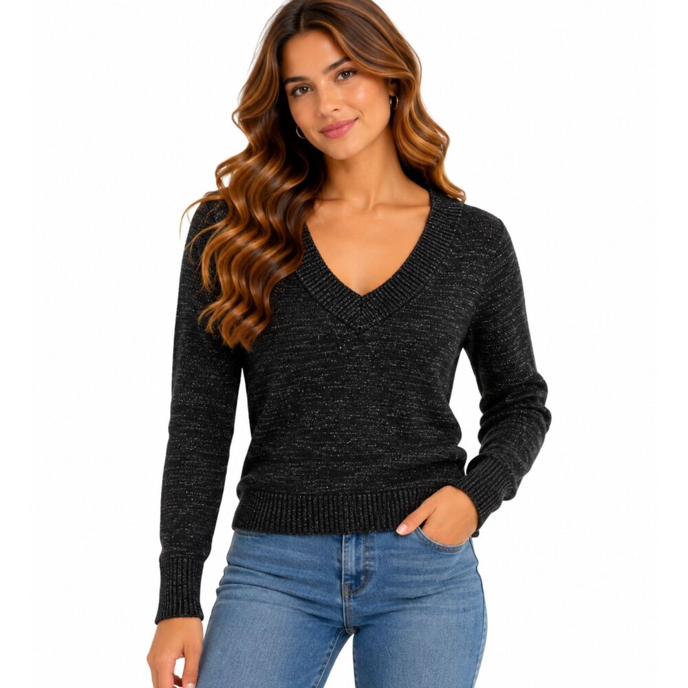 Express Black Silver Metallic Shimmer V-Neck Sweater Women's XS